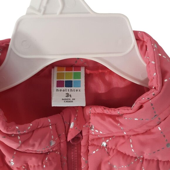 Healthtex Toddler Girls Pink Puffy Vest Size 3T Silver Heart Pattern - Picture 3 of 4